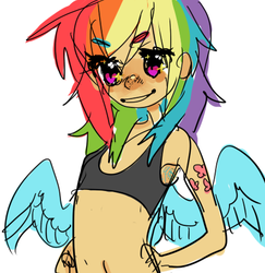 Size: 456x470 | Tagged: safe, artist:costly, rainbow dash, human, g4, armpit hair, belly button, delicious flat chest, female, humanized, midriff, rainbow flat, simple background, solo, winged humanization