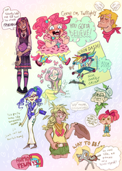 Size: 808x1132 | Tagged: safe, artist:gnewarned, apple bloom, applejack, big macintosh, derpy hooves, fluttershy, granny smith, pinkie pie, rainbow dash, rarity, twilight sparkle, human, g4, converse, dark skin, dialogue, humanized, scene interpretation, shoes, sketch dump