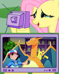 Size: 562x710 | Tagged: safe, fluttershy, charizard, pikachu, g4, ash ketchum, exploitable meme, fluttercry, pokémon, tv meme