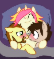 Size: 500x543 | Tagged: safe, artist:peachpalette, oc, oc only, oc:peach palette, oc:sifi, pony, unicorn, awkward, bed, blushing, cuddling, female, implied group sex, implied sex, implied threesome, male, mare, nose to nose, pillow, satisfied, stallion