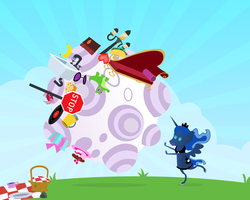 Size: 900x720 | Tagged: safe, artist:pixelkitties, gummy, princess luna, g4, crossover, katamari damacy