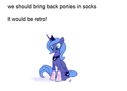 Size: 705x504 | Tagged: safe, artist:egophiliac, edit, princess luna, alicorn, pony, g4, arial font, clothes, filly, low effort, meta, retro, s1 luna, socks, text, woona