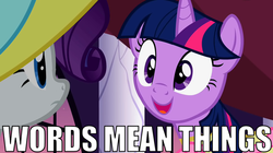 Size: 742x417 | Tagged: safe, edit, edited screencap, screencap, rarity, twilight sparkle, g4, sweet and elite, caption, duo, image macro