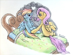 Size: 1024x768 | Tagged: safe, artist:dkoshino, fluttershy, rainbow dash, g4, bed, female, lesbian, ship:flutterdash, shipping