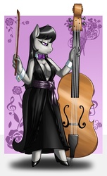 Size: 608x1000 | Tagged: safe, artist:crovirus, octavia melody, earth pony, anthro, unguligrade anthro, g4, absolute cleavage, breasts, cello, cleavage, clothes, dress, female, hooves, musical instrument, solo