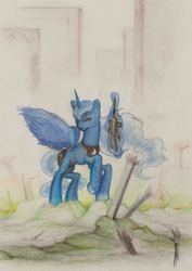 Size: 4054x5710 | Tagged: safe, artist:paradoxialevent, princess luna, pony, g4, absurd resolution, fanfic, female, gun, solo, war, weapon