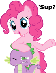 Size: 787x1016 | Tagged: safe, pinkie pie, spike, g4, faic, grimace, image macro, leaning, simple background, transparent background, vector