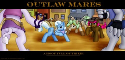 Size: 1024x494 | Tagged: safe, artist:thedigodragon, trixie, oc, diamond dog, earth pony, pegasus, pony, unicorn, g4, ass, butt, female, levitation, magic, mare, slingshot, telekinesis, western