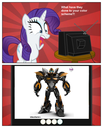 Size: 970x1200 | Tagged: safe, rarity, g4, beast hunters, bumblebee (transformers), exploitable meme, hashtag, hub logo, transformers, transformers prime, tv meme