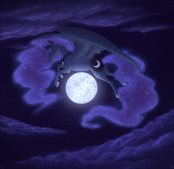 Size: 1024x990 | Tagged: safe, artist:min-mew, princess luna, pony, g4, eyes closed, female, flying, hoers, moon, night, solo