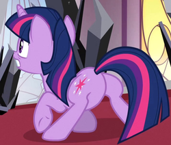 Size: 710x602 | Tagged: safe, screencap, twilight sparkle, pony, unicorn, g4, the crystal empire, butt, canterlot, cropped, crystal, dark crystal, featureless crotch, female, mare, plot, solo, twibutt, unicorn twilight, wat