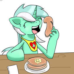 Size: 900x900 | Tagged: safe, artist:sonikku001, lyra heartstrings, pony, unicorn, g4, bib, eating, hand, open mouth, pancakes, suddenly hands