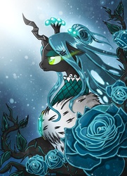 Size: 2100x2893 | Tagged: safe, artist:yula568, queen chrysalis, changeling, changeling queen, g4, alternate hairstyle, beautiful, blue rose, clothes, dress, female, glowing eyes, rose, solo