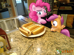 Size: 3264x2448 | Tagged: safe, artist:ojhat, pinkie pie, scootaloo, g4, hot dog, irl, photo, ponies in real life