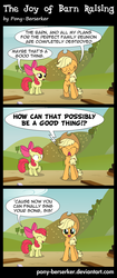 Size: 2500x5956 | Tagged: safe, artist:pony-berserker, apple bloom, applejack, earth pony, pony, comic:the joy of barn raising, apple family reunion, g4, barn, comic, destroyed, dialogue, duo, duo female, english, eyes closed, female, filly, happy, humor, inkscape, mare, open mouth, outdoors, plank, raised hoof, realization, smiling, speech bubble, standing, startled, talking, vector, wide eyes, yelling