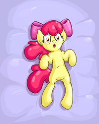 Size: 780x980 | Tagged: safe, artist:scrimpeh, apple bloom, earth pony, pony, g4, bed, belly button, female, filly, foal, looking at you, open mouth, solo