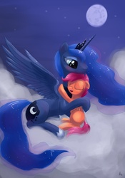 Size: 2646x3785 | Tagged: safe, artist:hieronymuswhite, princess luna, scootaloo, alicorn, pegasus, pony, g4, blushing, cloud, cloudy, cute, duo, eyes closed, female, filly, hug, maternaluna, moon, night, open mouth, prone, scootalove, sitting, smiling, spread wings