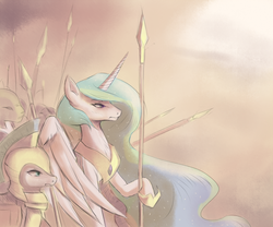 Size: 800x666 | Tagged: safe, artist:jalm, princess celestia, g4, armor, royal guard, spear, wip