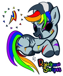 Size: 2460x2955 | Tagged: safe, artist:sterlingsilver, rainbow dash, zecora, oc, oc only, oc:rainbow stripes, earth pony, hybrid, pony, zebra, zony, g4, female, filly, foal, fusion, fusion:rainbow dash, fusion:zecora, fusion:zecoradash, hybrid fusion