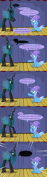 Size: 1280x4785 | Tagged: safe, artist:evil-dec0y, queen chrysalis, changeling, changeling queen, pony, unicorn, comic:trixie vs., g4, ask, cape, clothes, comic, duo, duo female, female, hat, mare, scrunchy face, stage, trixie's cape, trixie's hat, tumblr