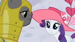 Size: 500x281 | Tagged: safe, screencap, rarity, pony, unicorn, g4, sweet and elite, animated, blinking, duo, female, hat, horn, male, mare, royal guard, stallion