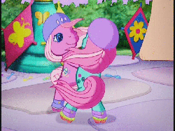 Size: 640x480 | Tagged: safe, screencap, minty, pinkie pie (g3), pony, g3, the runaway rainbow, animated, around the world, bipedal, cute, dancing, female, helmet, holding hooves, open mouth, roller skates, skates, skating, smiling, spin, spinning
