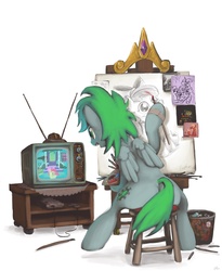 Size: 3600x4400 | Tagged: safe, artist:docwario, apple bloom, oc, pegasus, pony, g4, drawing, meta, nintendo, norman rockwell, painting, pegasus oc, super nintendo, television, triple self portrait, wings