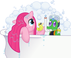 Size: 11999x9905 | Tagged: safe, artist:iphstich, artist:littletiger488, gummy, pinkie pie, g4, absurd resolution, bath, bubble, pet, rubber duck, scuba gear, simple background, snorkel, transparent background, vector, wet mane