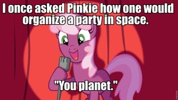 Size: 960x540 | Tagged: safe, cheerilee, pinkie pie, g4, cheerilee pun, exploitable meme, meme, pun