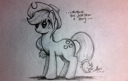 Size: 1500x952 | Tagged: safe, artist:ncmares, applejack, earth pony, pony, g4, female, monochrome, solo, traditional art