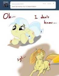 Size: 500x643 | Tagged: safe, artist:gavalanche, ambrosia, braeburn, cindy block, g4, ask, tumblr