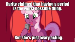 Size: 960x540 | Tagged: safe, cheerilee, earth pony, pony, g4, bad pun, cheerilee pun, crossing the line twice, dude not funny, exploitable meme, female, implied rarity, meme, menstruation, op failed at starting shit, pun, solo, stand-up comedy, this is why we can't have nice things, we are going to hell