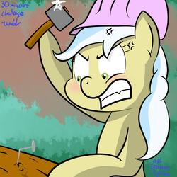 Size: 1000x1000 | Tagged: safe, artist:stoner-spike, ambrosia, cindy block, earth pony, pony, g4, 30 minute art challenge, angry, background pony, cross-popping veins, female, hammer, hard hat, mare, nail