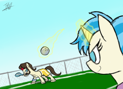 Size: 1024x745 | Tagged: safe, artist:tomazii7, ace point, allie way, earth pony, pony, unicorn, g4, facial hair, moustache, tennis