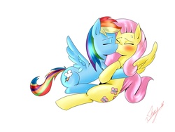 Size: 1280x960 | Tagged: safe, artist:starykrow, fluttershy, rainbow dash, pegasus, pony, g4, blushing, duo, female, kiss on the lips, kissing, lesbian, mare, ship:flutterdash, shipping, simple background, sweat