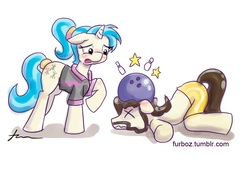 Size: 900x658 | Tagged: safe, artist:furboz, ace point, allie way, earth pony, pony, unicorn, g4, 30 minute art challenge, anatomically incorrect, bowling ball, circling stars, dizzy, facial hair, moustache, x eyes