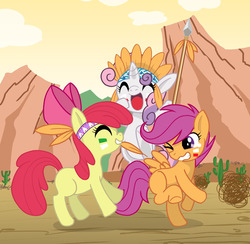 Size: 1200x1173 | Tagged: safe, artist:mol, apple bloom, scootaloo, sweetie belle, g4, cactus, clothes, costume, cutie mark crusaders, desert, face paint, feather, happy, headband, headdress, native american, pixiv, plucking, spear, squaw bloom, squawtaloo, sweetie squaw, trio, tumbleweed, weapon