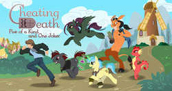 Size: 1229x650 | Tagged: safe, artist:wazaga, oc, oc only, oc:shadow step, dragon, human, minotaur, pegasus, pony, unicorn, cheating death, cover art, fanfic, fanfic art, felix jackson, harvey stir