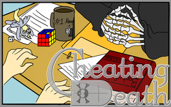 Size: 1024x644 | Tagged: safe, artist:wazaga, artist:wilizin, derpy hooves, human, g4, cheating death, cover, death, desk, fanfic, rubik's cube