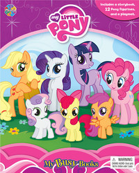 Size: 720x900 | Tagged: safe, apple bloom, applejack, pinkie pie, rarity, scootaloo, sweetie belle, twilight sparkle, earth pony, pegasus, pony, unicorn, g4, apple sisters, belle sisters, book, cutie mark crusaders, female, filly, foal, hatless, horn, mare, merchandise, missing accessory, my busy books, my little pony logo, phidal, siblings, sisters, stock vector