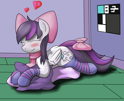 Size: 1040x853 | Tagged: safe, artist:fuzzywuff, oc, oc only, pegasus, pony, blushing, bow, clothes, cutie mark, eyes closed, gale force, indoors, leg warmers, pink, purple, scarf, smiling, socks, solo, striped socks, wings
