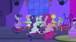 Size: 1052x591 | Tagged: safe, screencap, applejack, fluttershy, pinkie pie, rainbow dash, rarity, spike, twilight sparkle, dog, friendship is witchcraft, g4, foaly matripony, littlest pet shop, mane seven, sitting, table, when you see it, zoe trent