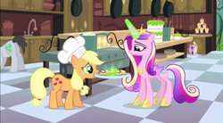 Size: 1052x581 | Tagged: safe, edit, edited screencap, screencap, applejack, lucky clover, queen chrysalis, changeling, earth pony, monkey, pony, friendship is witchcraft, a canterlot wedding, g4, chef's hat, disguise, disguised changeling, fake cadance, female, foaly matripony, hat, height difference, kitchen, levitation, littlest pet shop, magic, mare, minka mark, physique difference, telekinesis, when you see it