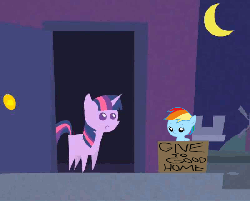 Size: 800x644 | Tagged: safe, edit, edited screencap, screencap, rainbow dash, twilight sparkle, fanfic:my little dashie, friendship is witchcraft, g4, adoption, box, gif, non-animated gif, pointy ponies, younger