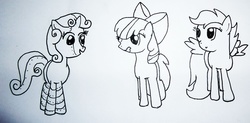 Size: 1280x631 | Tagged: safe, apple bloom, scootaloo, sweetie belle, earth pony, pegasus, pony, unicorn, friendship is witchcraft, g4, black and white, female, filly, grayscale, looking at each other, monochrome, sweetie bot, traditional art