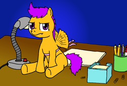 Size: 1023x697 | Tagged: safe, artist:merkleythedrunken, scootaloo, g4, buzzing wings, desk, flapping, fluttering, mundane utility, scootaloo is not amused, sitting, solo, unamused, wings