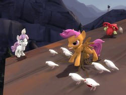 Size: 1024x768 | Tagged: safe, artist:pika-robo, apple bloom, scootaloo, sweetie belle, bird, g4, 3d, archimedes, cutie mark crusaders, gmod, team fortress 2