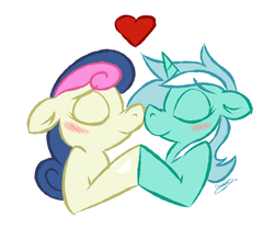 Size: 743x619 | Tagged: safe, artist:owl-eyes, bon bon, lyra heartstrings, sweetie drops, g4, blushing, boop, bust, eyes closed, female, heart, lesbian, love, nose wrinkle, noseboop, nuzzling, ship:lyrabon, shipping, simple background, smiling, white background