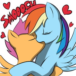 Size: 945x945 | Tagged: safe, artist:antnoob, artist:megasweet, rainbow dash, scootaloo, pegasus, pony, g4, duo, eyes closed, female, heart, kiss on the lips, kissing, lesbian, making out, mare on filly, pseudoincest, ship:scootadash, shipping, simple background, wingboner, wings