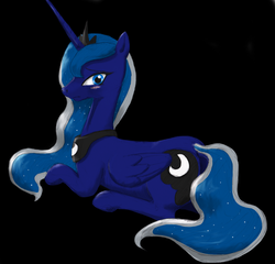 Size: 1412x1356 | Tagged: safe, artist:パルナス, princess luna, alicorn, pony, g4, black background, blushing, female, folded wings, frown, horn, jewelry, lying down, mare, peytral, pixiv, prone, simple background, solo, tail, tiara, wings